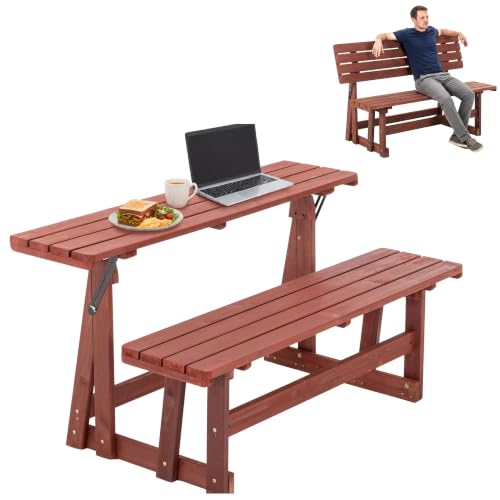 2-IN-1 Convert A Bench Picnic Table Wood Bench to Table With Umbrella Hole - size: 55inch