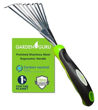 Garden Guru Stainless Steel Hand Rake Soil Tiller with Ergonomic Handle, Great for Gardening, Cultivating, Loosening Soil & Spreading Mulch, Raking Flower Beds