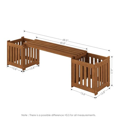 Furinno TIOMAN Planter Box with Bench, Hardwood Flower Box with Seat, Cube Garden Box, in Teak Oil, Outdoor Indoor, Garden, Patio, Balcony, Light Wood - size: 16" x 16" Boxes with 41" Wide Bench