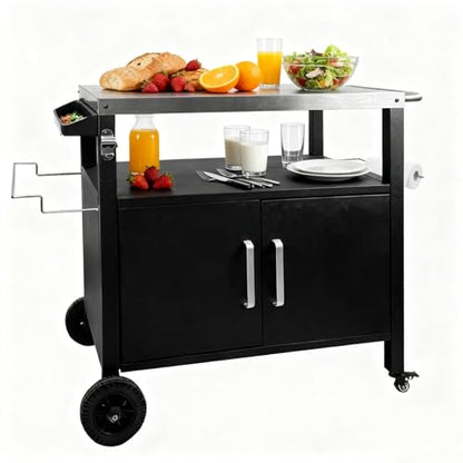 Heavy-Duty Outdoor Kitchen Island with Storage Cabinet - Movable BBQ Grill Table & Pizza Oven Stand, Portable Food Prep Station, Rolling Dining Cart for Patio, Backyard & Indoor Griddle Table