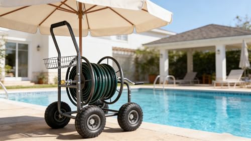 Heavy Duty Garden Hose Reel Cart on Wheels - Portable 4-Wheel Water Hose Holder with Storage Basket, Rust Resistant Outdoor Hose Reel for Easy Watering