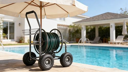Heavy Duty Garden Hose Reel Cart on Wheels - Portable 4-Wheel Water Hose Holder with Storage Basket, Rust Resistant Outdoor Hose Reel for Easy Watering