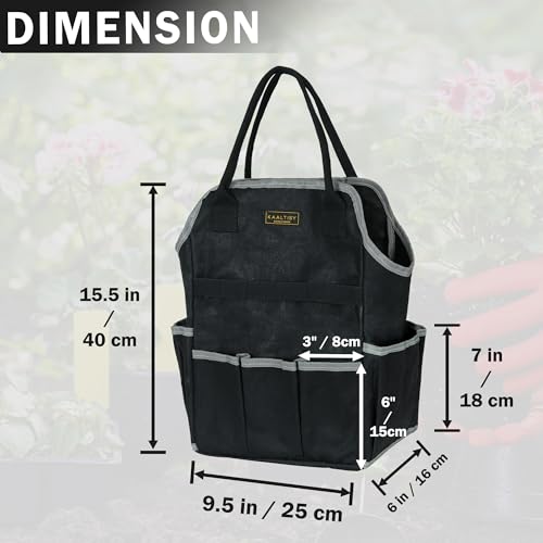 Garden Tool Bag | Heavy-Duty 16oz Waxed Canvas Garden Tool Tote with 8 Pockets | L9.5" x W6" x H15.5" | Tools Storage Bag for Gardeners, Portable Tool Organizer for Garden Essentials - color: Black