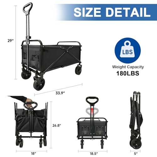Collapsible Wagon Cart Foldable Portable Heavy Duty Folding Beach Wagons, Outdoor Utility Carts with Large Capacity for Grocery, Camping, Shopping, Fishing, Sports, Garden Black - color: Black