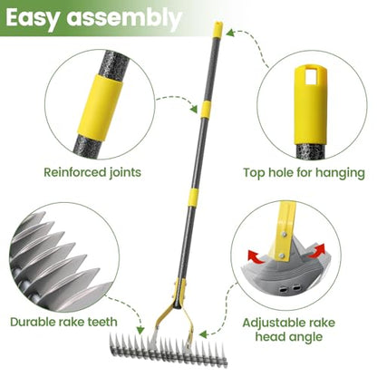 Thatch Rake, 70 inch Heavy Duty Dethatcher Rake Adjustable Dethatching for Loosening Soil Gathering for Leaves Leveling Lawn Farming Land Cleaning Dead Grass Yard Garden