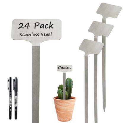24 Pack Stainless Steel Plant Labels, Waterproof Metal Plant Markers for Outdoor Garden, Greenhouse, Vegetables, Herbs, Flowers - Comes with 2 Permanent Markers (Samll-8 in L) - size: Samll-8 in L