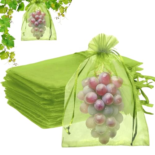 100PCS Fruit Protection Bags, 8x12 Inch Green Fruit Netting Cover Bags Drawstring Mesh Fruit Protectors Pest Barrier for Plant Fruit Flower Veggies Garden - size: 8x12 inches