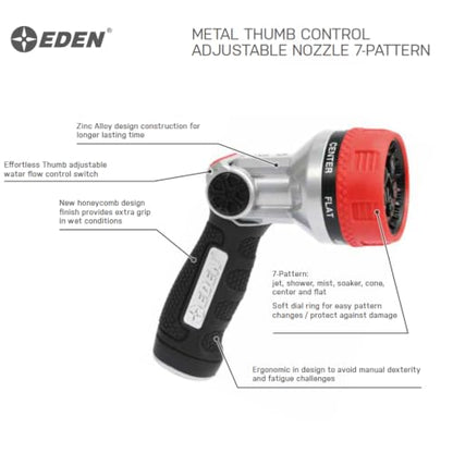 Eden Metal 7-Pattern Hose Nozzle: Thumb Control, Heavy-Duty Zinc Alloy - style: 7-Pattern