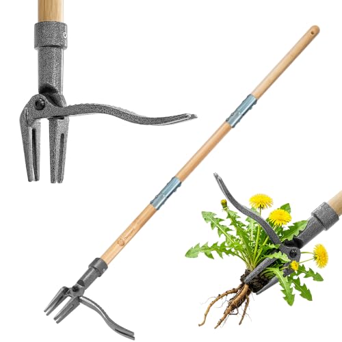 Stand Up Weed Puller, Adjustable Bamboo 4-Claw Steel Garden Weeder