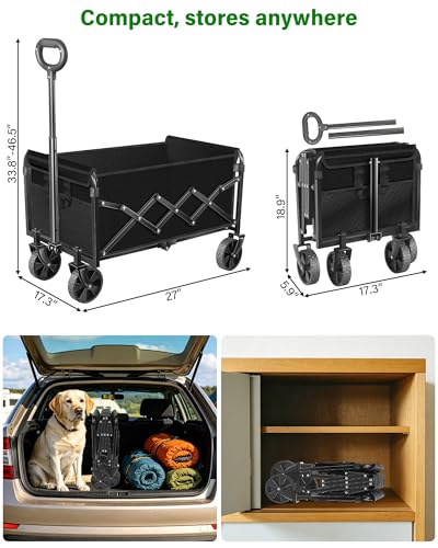 Collapsible Wagons Carts Foldable Wagon, Foldable Wagon Cart with Wheels, Folding Wagons for Beach Camp Sports Garden, 2 Cup Holders/Lightweight Portable/Black/280 LBS - color: Black_280lbs