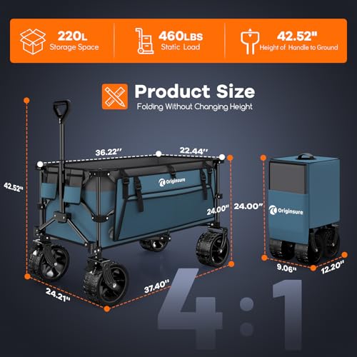 Originsure 220L Foldable Beach Wagon Cart with Big Wheels,460lbs,Grey&Blue - color: Blue&grey