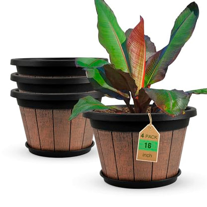 4 Pack 16 inch Plant Pots,Whiskey Barrel Planters with Drainage Holes - size: 16 inch