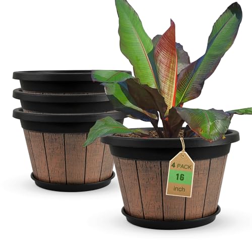 4 Pack 16 inch Plant Pots,Whiskey Barrel Planters with Drainage Holes - size: 16 inch