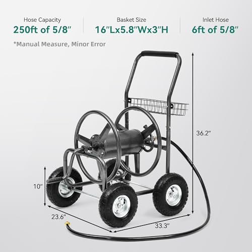 Garden Water Hose Reel Cart - 250 ft. Capacity, 10" Pneumatic Tires, Powder-Coated Steel Frame for Tangle-Free Garden Hose Storage - color: Gray