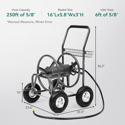 Garden Water Hose Reel Cart - 250 ft. Capacity, 10" Pneumatic Tires, Powder-Coated Steel Frame for Tangle-Free Garden Hose Storage - color: Gray