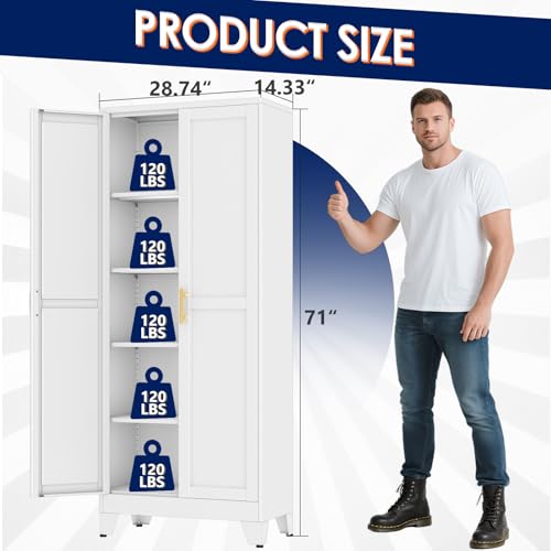 erosoei 71" H Metal Garage Storage Cabinet, Metal Pantry Cabinet with 2 Doors, Locker Steel Cabinet with 4 Adjustable Shelves, Freestanding Cupboard for Garage,Office,Home,Gym,School - color: White, size: 71"-NCasNLck