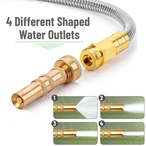 UNCO- Stainless Steel Metal Hose with 4 Function Brass Nozzle, 25 ft, No Kink, Metal Garden Hose
