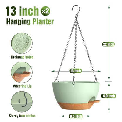 13 Inch Large Self Watering Hanging Planters 2 Pack with Saucers - color: Green Brown, size: 13 Inch 2 Pack