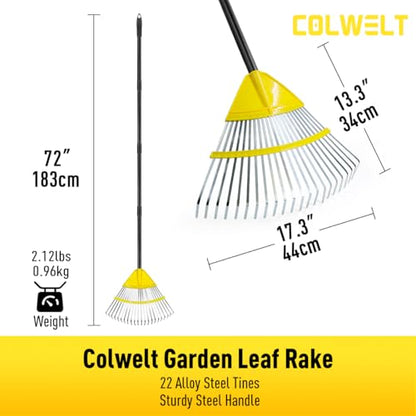 Colwelt Garden Rake for Leaves 72’’, 22 Tines Metal Leaf Rakes for Lawns with 18’’ Wide Head, Yard Leaf Rake with Long Handle, Leaves Rake for Shrub, Grass, Debris, Pine Needles, Gentle On Lawn Garden