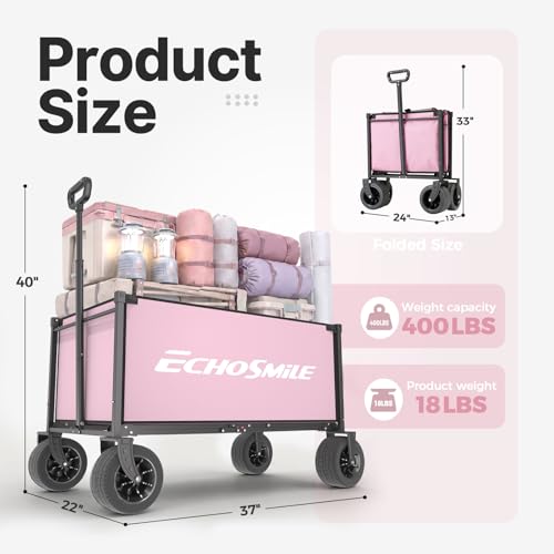 EchoSmile Collapsible Wagon Cart, Heavy Duty 400lbs Capacity, Pink - color: Pink&gray