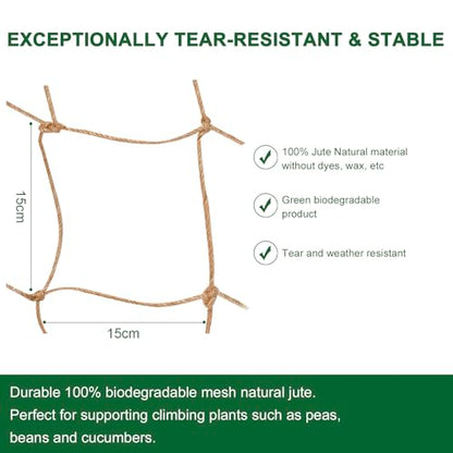 Jute Trellis Netting - Jute Netting for Garden, Heavy Duty Plant Support Netting for Climbing Plants, Cucumber, Vine, Fruits & Vegetables, Climbing Vining Plants (3.3 Ft X 6.6 Ft, 5.9 Inch Squares) - size: 1X2M 15CM
