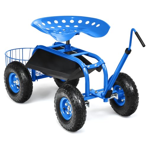 Rolling Garden Seat, Garden Stool with Wheels, Extendable Handle, Storage Basket & Tool Tray, Garden Scooter with 360 Degree Swivel Seat for Outdoor, Garden & Yard (Blue) - color: Blue
