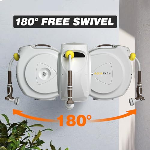 Retractable Garden Hose Reel, 1/2 in 120+6 ft, Heavy Duty Wall Mounted Water Hose Reel, Spring Power Automatic Rewind, Any Length Lock, 180° Swivel Bracket, 10 Pattern Spray Nozzle - size: 1/2" 120FT