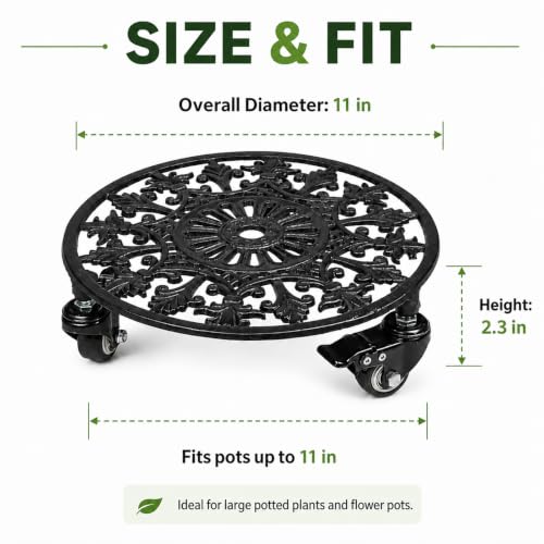 2 Pack 11" Plant Caddy with Wheels, Heavy Duty Metal, Black - color: Round Metal Black, size: 11 INCH 2PCS