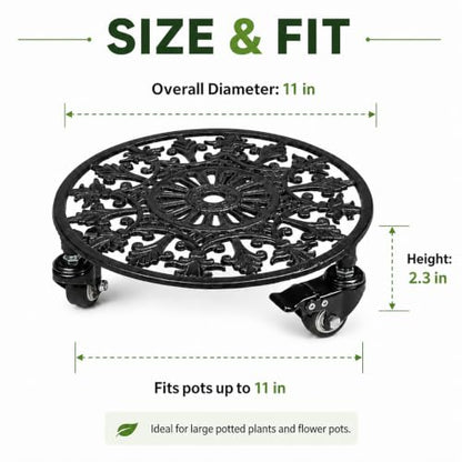 2 Pack 11" Plant Caddy with Wheels, Heavy Duty Metal, Black - color: Round Metal Black, size: 11 INCH 2PCS