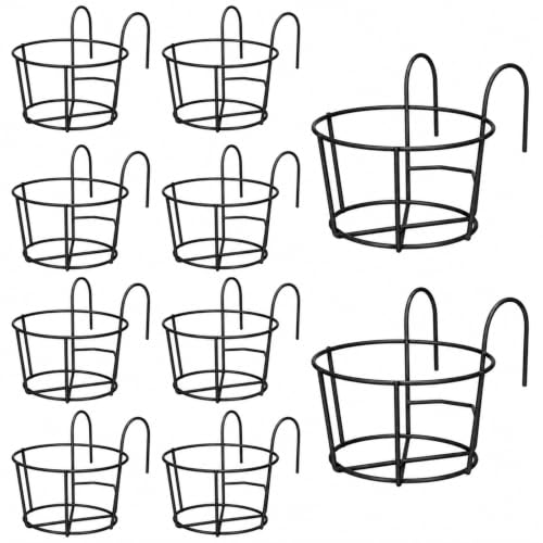 10 Pcs Round Hanging Railing Planters, 6.3" Reinforced Metal Hanging Baskets, Fence Plant Hangers, Heavy-Duty Flower Pot Holders for Balcony, Patio, Porch Railing, Black - color: Black