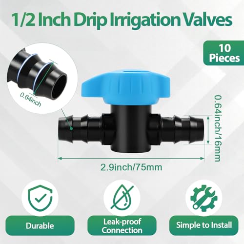 RedChili 10 Pack 1/2 Inch Irrigation Shut Off Valves, Drip Irrigation Barbed Shutoff Valve for 1/2 Inch Drip Irrigation Tubing 16mm Shut-Off/On Valve Regulate Water Flow, Male x Male - size: 1/2" Valve（16mm）
