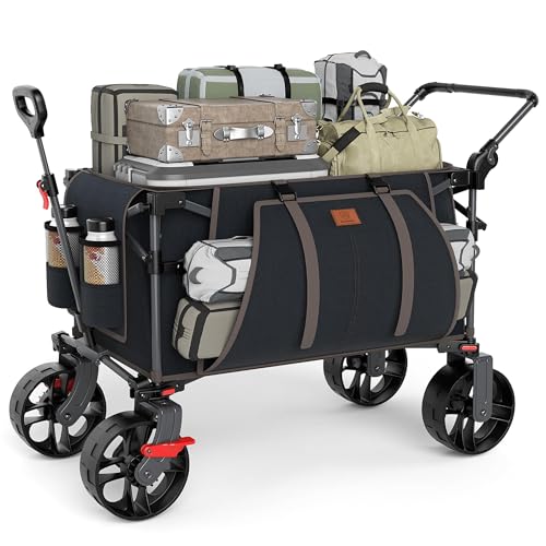 EVER ADVANCED Folding Push Wagon with Brakes, Portable Shopping Cart - color: Black