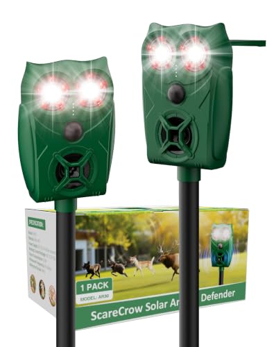 2 Pack Solar Ultrasonic Animal Repeller with Motion Sensor, Deer Repellent Devices with LED Light, Waterproof Cat Repellent Outdoor, Dog Deterrent for Yard Garden to Repel Raccoon, Squirrel, Fox