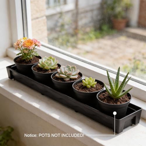 RooTrimmer 5 Pack Plastic Plant Saucer (17"x3"x1.5"), Rectangular Window Sill Plant Pot Trays with Removable Drainage Hole, Thick Windowsill Saucer Tray for 2.8 inch (7CM) Flower Nursery Pots (Black) - size: Trays (17"x3"x1.5") for 2.8 Inch Pots-5 Pack