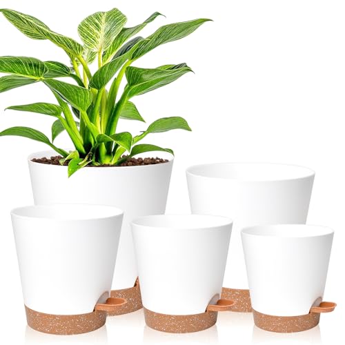 Vanslogreen Planters for Indoor Plants 7/6.5/6/5.5/5 Inch, Self Watering Planters with Drainage Holes and Saucers 5 Pack Plastic Pots for Plants, Succulents, Herbs, Cactus, Flower Pots, White - color: White-pack of 5, size: 5PCS|7+6.5+6+5.5+5