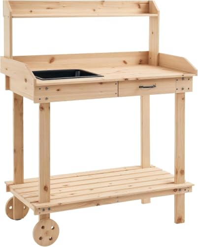 36" Wooden Potting Bench Work Table with Wheels, Removable Sink, Drawer, Shelves & Garden Storage Workstation (Natural Wood) - color: Natural Wood