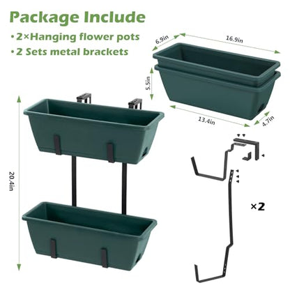 2 Pack Window Boxes Planters 17’’ Railing Hanging Planter Boxes for Outdoor Plants with Double Adjustable Brackets Rectangle Deck Railing Flower Pots Herb Planter for Fence Patio Balcony - color: Green