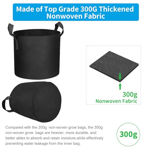 12 Packs 5 Gallon Grow Bags, Heavy Duty 300G Thickened Nonwoven Fabric Plant Pots with Handle - size: 5 Gallons