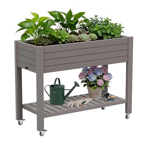 33.7" Tall Raised Garden Bed with Wheels, Divisible Resin Planter Box with Drainage Gauge & Storage Shelf, Herb Planter for Garden Patio Backyard, Medium Gray (33.7" h) - color: Medium Gray, size: 33.7"h