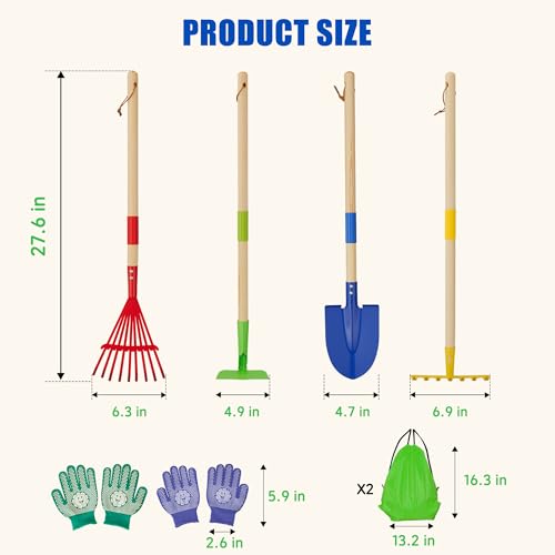 4-Piece Garden Tool Set with Shovel, Rake, Hoe, Leaf Rake - 2 Pairs of Gloves & 2 Storage Bags, Wooden Gardening Tools for Yard & Lawn Care