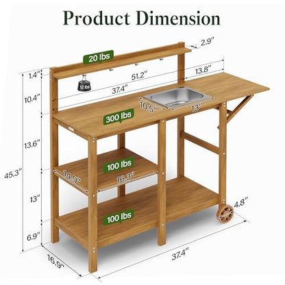 YEFU Potting Bench with Sink, All-Weather Resistant,Teak - color: Teak, size: Premium