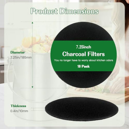 10 Pack Charcoal Filters – 7.25 Inch Round, Extra Thick 0.3 Inch, Longer Lasting Activated Carbon for Kitchen Countertop Compost Bin