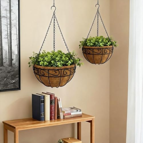 12 Inch Hanging Baskets for Plants Outdoor, 2 Pack Metal Wire Hanging Planters with Coco Coir Liners, Rust-Resistant Flower Basket with Chains & Hooks for Garden Patio Porch Deck Balcony - size: 12IN-2PCS, style: Flower Border