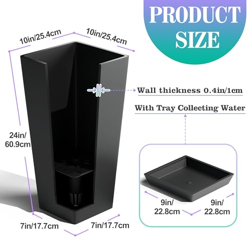 TUYOHW 24 Inch Tall Tapered Square Planters (Set of 2) - Indoor Outdoor Large Flower Pots with Built-in Drainage & Matching Water Tray for Patio, Garden, Home - Black - color: Black