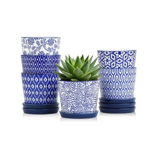 Selamica Ceramic Succulent Pots, 4.3 Inch Small Plant Pots with Drainage Holes and Saucers, Home Decor, Set of 6, Vintage Blue - color: Vintage Blue, size: 4.3 Inch, Set of 6