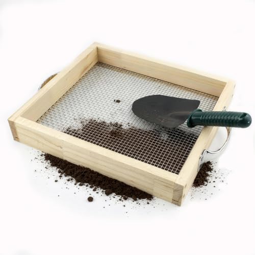 Soil Sifter for Gardening Dirt Sifter with 0.19 inch Metal Wire Mesh Sifting Screen Wood Rocks Sifter with Handle Screen Compost Sifter Garden Essentials（12.5x11.4 in） - size: 0.19 inch aperture