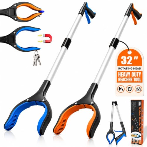 32" Grabber Reacher Tool, LEGENDONE 2-Pack Long Foldable Reaching Pickup Tool for Senior, Wide Claw Trash Picker Stick, Surgery Recovery Must Haves Gifts, 360° Rotating Jaw| Anti-Slip| Magnetic Tip - color: 32"blue&orange - 2pack