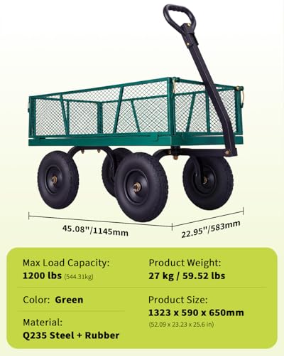 1200LB Heavy Duty Steel Garden Cart, Utility Wagon w/ 13" Tires, Mesh Sides - size: Green 1200LBS