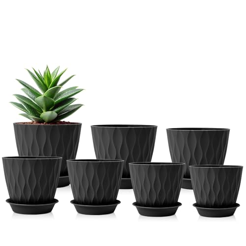 GARDIFE 7 Pack Plant Pots 4-7 inch with Drainage Holes and Tray, Black - color: Black