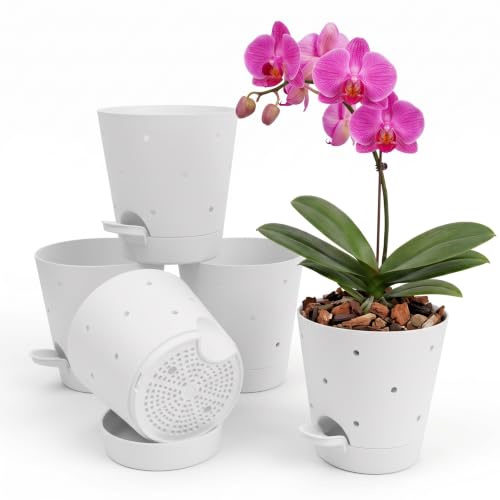 Vanslogreen Orchid Pots with Holes, 6 Inches Self Watering Orchid Pot 2 Pack Plastic Planters Pots for Orchid, Flower (WHite-5Pack) - color: White-5pack